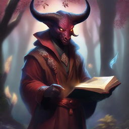 A male Tiefling with red skin and a long tail holding a magic book