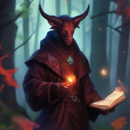 A male Tiefling with red skin and a long tail holding a magic book