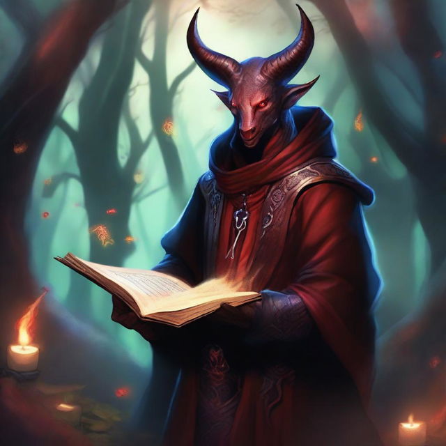 A male Tiefling with red skin and a long tail holding a magic book