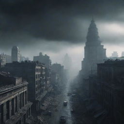 A dystopian apocalyptic city inspired by H.P. Lovecraft. Imbue the scene with a feeling of unease and danger, under a dark sky with caustic effects. Fill the atmosphere with fog and smoke. Render this in 4k resolution.