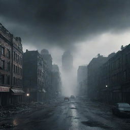 A dystopian apocalyptic city inspired by H.P. Lovecraft. Imbue the scene with a feeling of unease and danger, under a dark sky with caustic effects. Fill the atmosphere with fog and smoke. Render this in 4k resolution.