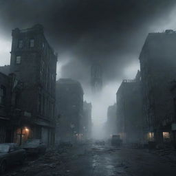 A dystopian apocalyptic city inspired by H.P. Lovecraft. Imbue the scene with a feeling of unease and danger, under a dark sky with caustic effects. Fill the atmosphere with fog and smoke. Render this in 4k resolution.