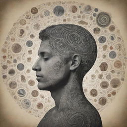 A detailed representation of a person deep in thought, with various images and symbols from their subconscious swirling around them.