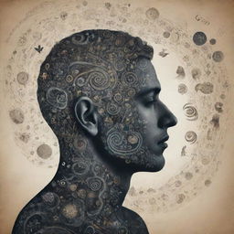 A detailed representation of a person deep in thought, with various images and symbols from their subconscious swirling around them.