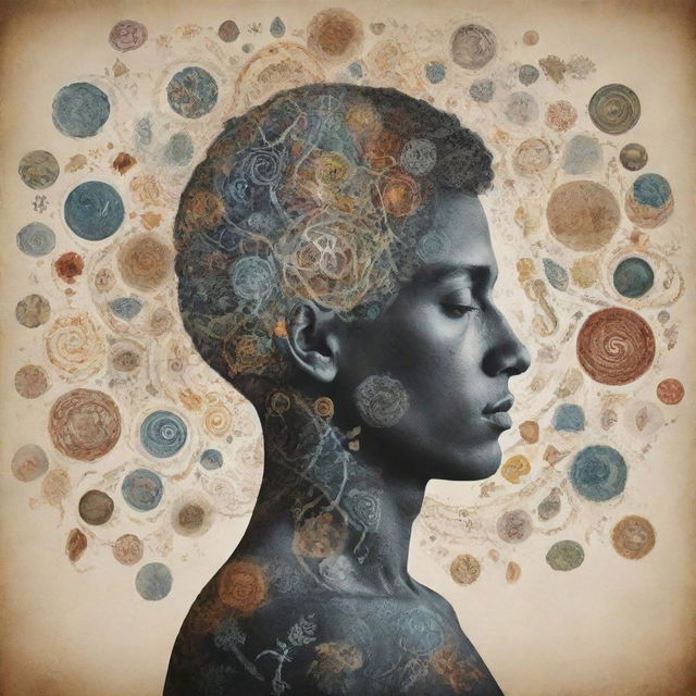 A detailed representation of a person deep in thought, with various images and symbols from their subconscious swirling around them.