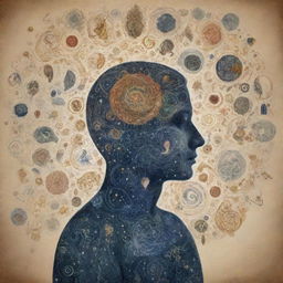 A detailed representation of a person deep in thought, with various images and symbols from their subconscious swirling around them.