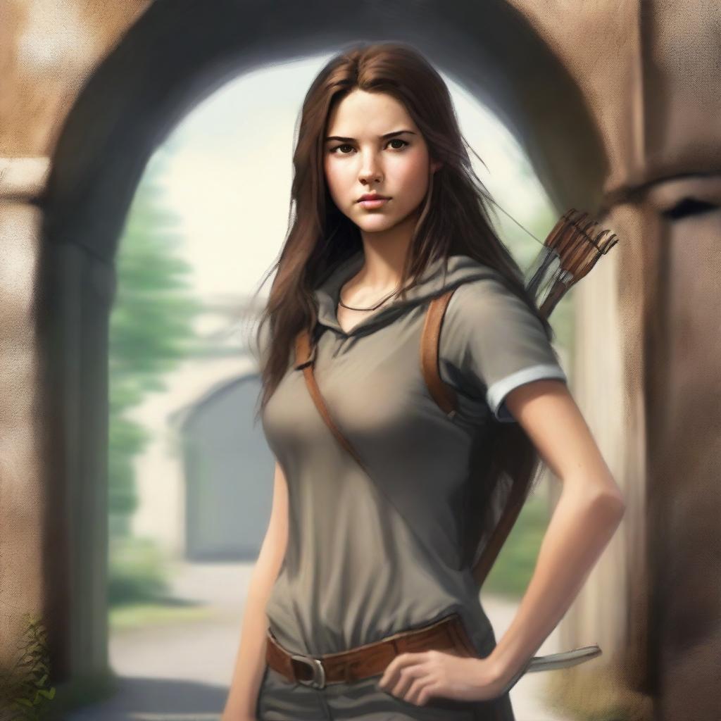 A realistic drawing of a 20-year-old woman with straight, loose brown hair