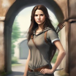 A realistic drawing of a 20-year-old woman with straight, loose brown hair