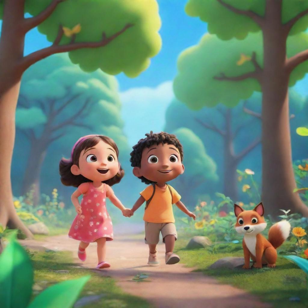 A breathtaking scene from the animated series 'BrightBabyTales' showcasing children engaged with nature. Include bright colors, adorable characters, a lush forest, and a clear, blue sky.