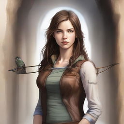 A realistic drawing of a 20-year-old woman with straight, loose brown hair