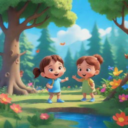 A breathtaking scene from the animated series 'BrightBabyTales' showcasing children engaged with nature. Include bright colors, adorable characters, a lush forest, and a clear, blue sky.