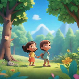 A breathtaking scene from the animated series 'BrightBabyTales' showcasing children engaged with nature. Include bright colors, adorable characters, a lush forest, and a clear, blue sky.