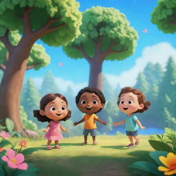 A breathtaking scene from the animated series 'BrightBabyTales' showcasing children engaged with nature. Include bright colors, adorable characters, a lush forest, and a clear, blue sky.