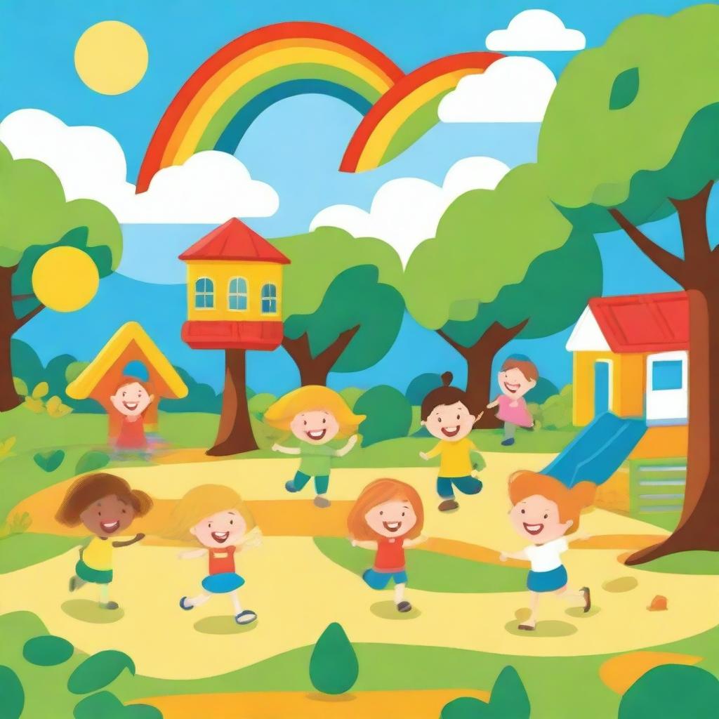 A vibrant and cheerful kindergarten background featuring happy children playing together