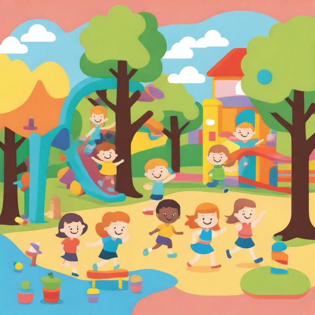 A vibrant and cheerful kindergarten background featuring happy children playing together