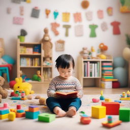 A cozy room with a 2-year-old child surrounded by books and toys