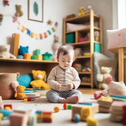 A cozy room with a 2-year-old child surrounded by books and toys