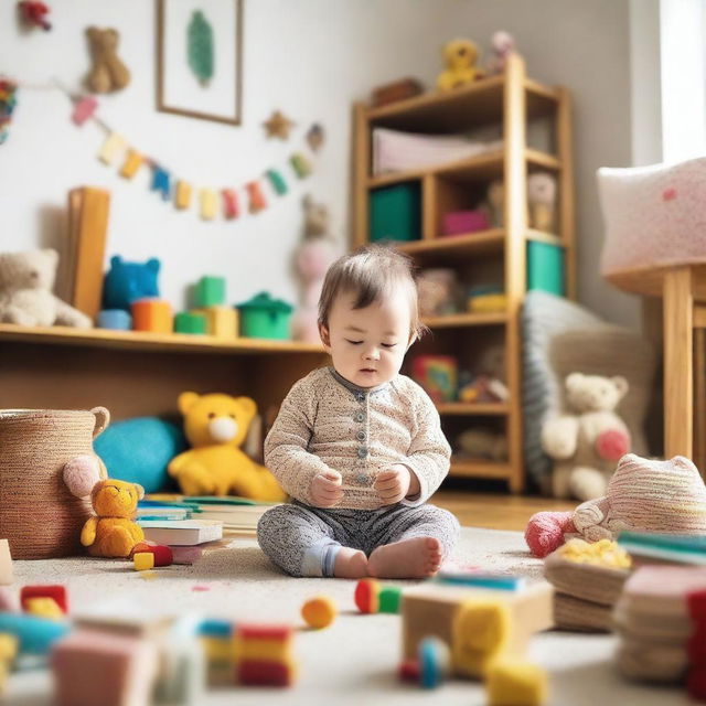 A cozy room with a 2-year-old child surrounded by books and toys