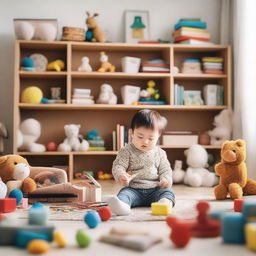 A cozy room with a 2-year-old child surrounded by books and toys