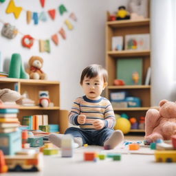 A cozy room with a 2-year-old child surrounded by books and toys