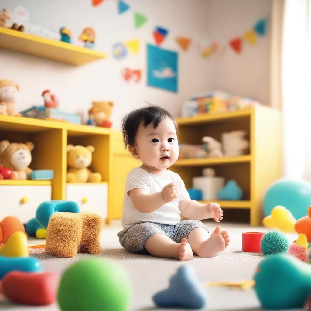 A cozy animated room featuring a 2-year-old baby surrounded by toys and storybooks