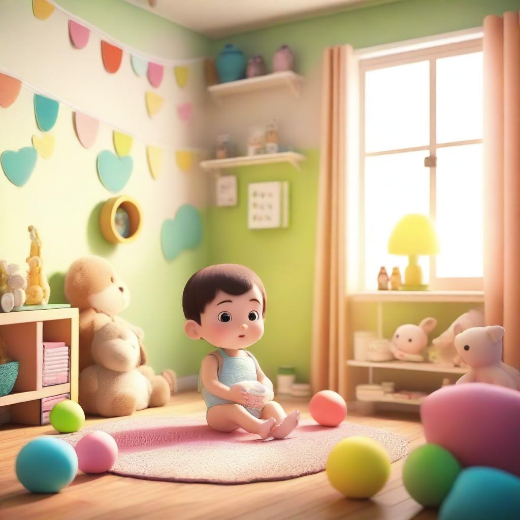 A cozy animated room featuring a 2-year-old baby surrounded by toys and storybooks