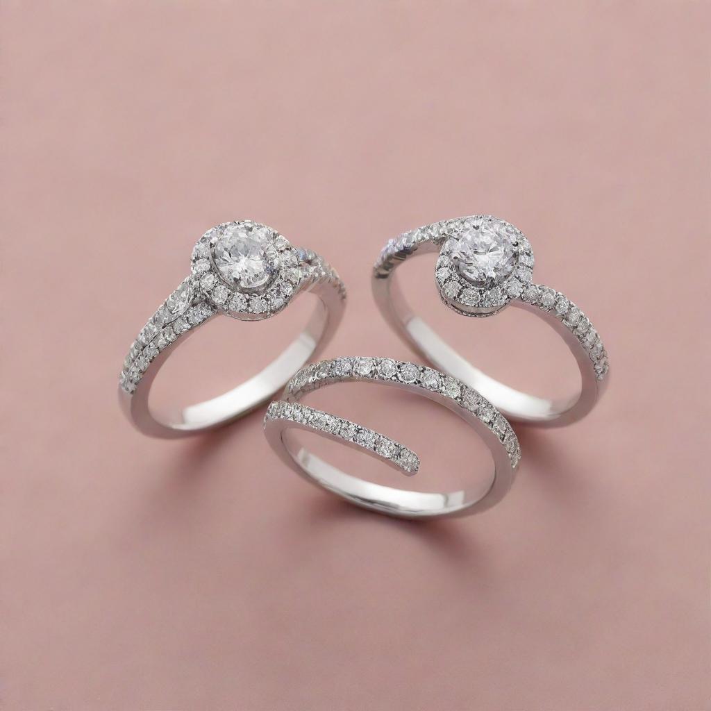 Two silver engagement rings, one with diamonds configured into a distinct shape of the letter 'J', and the other with diamonds arranged in the form of the letter 'R', both of the same elegant design.