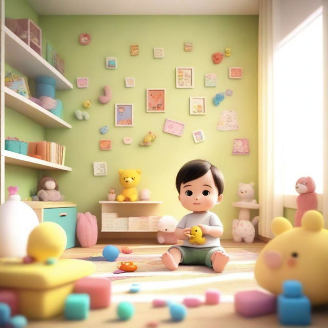 A cozy animated room featuring a 2-year-old baby surrounded by toys and storybooks