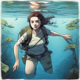 A 20-year-old woman, an explorer, is underwater with a plant wrapped around her waist