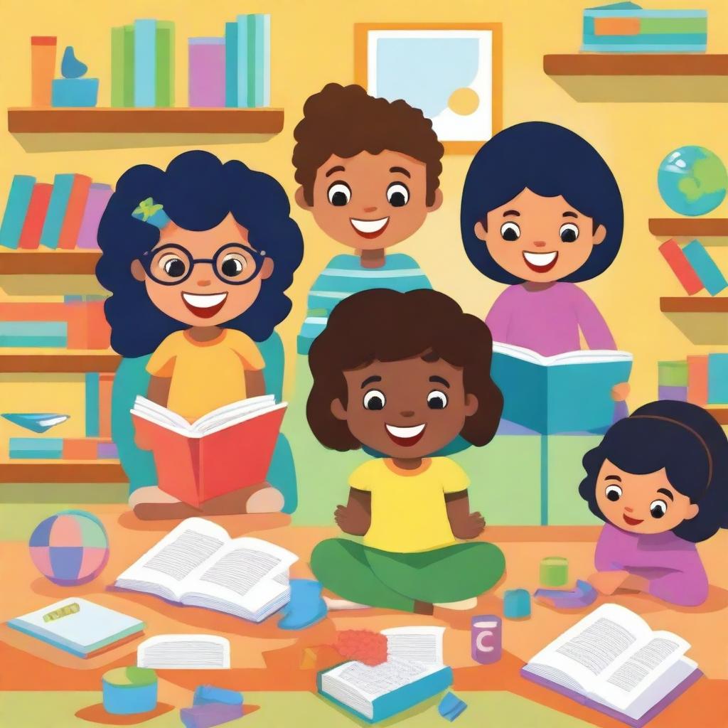 A vibrant and animated scene featuring children engaging with books and educational games