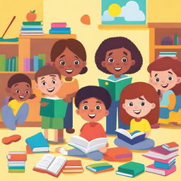 A vibrant and animated scene featuring children engaging with books and educational games