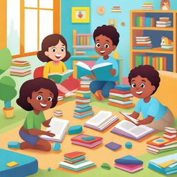 A vibrant and animated scene featuring children engaging with books and educational games