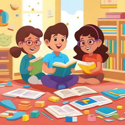 A vibrant and animated scene featuring children engaging with books and educational games