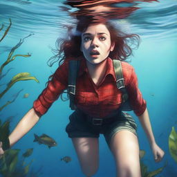 A 20-year-old woman, an explorer wearing a red checkered shirt, is underwater with a plant wrapped around her waist