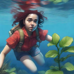 A 20-year-old woman, an explorer wearing a red checkered shirt, is underwater with a plant wrapped around her waist