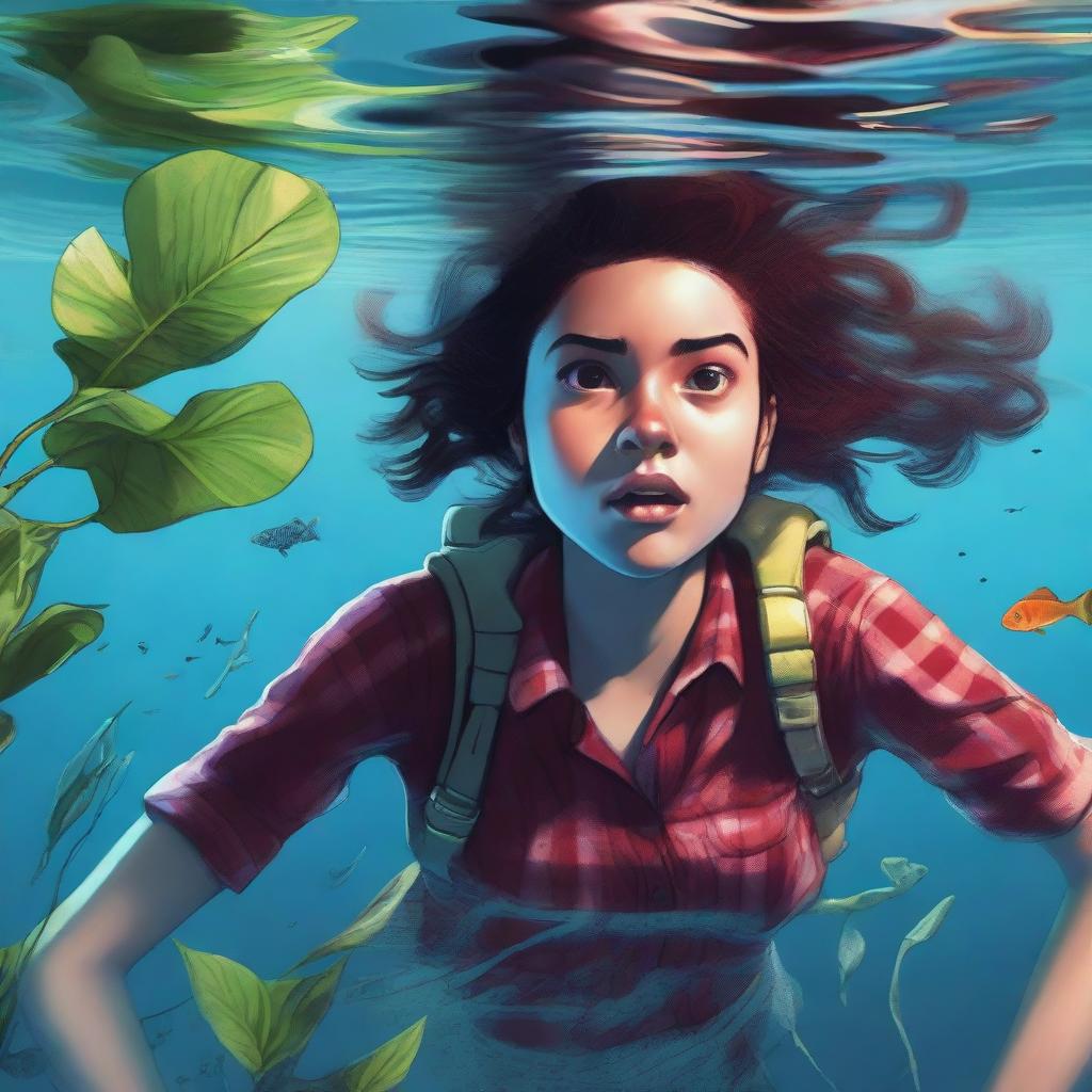 A 20-year-old woman, an explorer wearing a red checkered shirt, is underwater with a plant wrapped around her waist