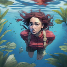 A 20-year-old woman, an explorer wearing a red checkered shirt, is underwater with a plant wrapped around her waist