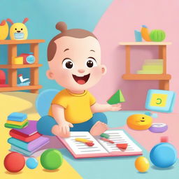 An animated scene featuring a baby interacting with books and educational toys