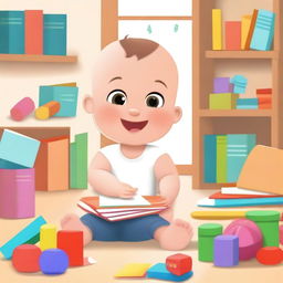 An animated scene featuring a baby interacting with books and educational toys