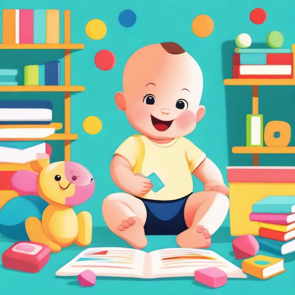 An animated scene featuring a baby interacting with books and educational toys