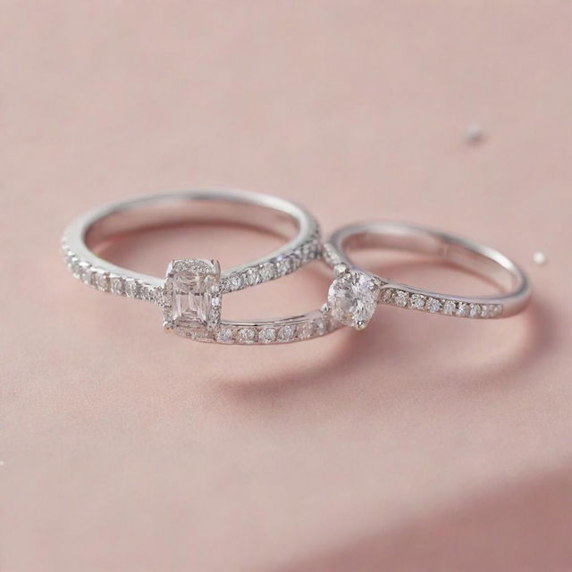 Two silver engagement rings, one with diamonds configured into a distinct shape of the letter 'J', and the other with diamonds arranged in the form of the letter 'R', both of the same elegant design.