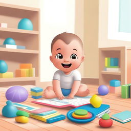 An animated scene featuring a baby interacting with books and educational toys