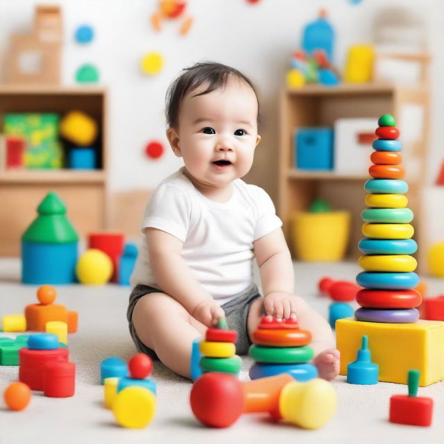 A cheerful baby surrounded by educational toys and books designed to stimulate learning