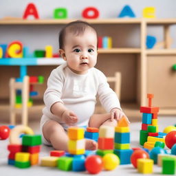 A cheerful baby surrounded by educational toys and books designed to stimulate learning