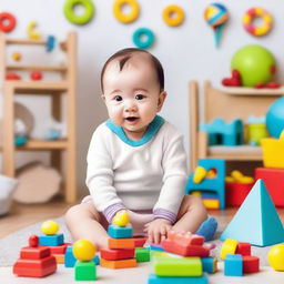 A cheerful baby surrounded by educational toys and books designed to stimulate learning