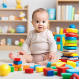 A cheerful baby surrounded by educational toys and books designed to stimulate learning