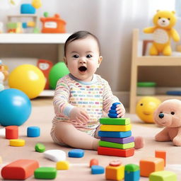 An animated scene featuring a baby interacting with educational toys and books designed to stimulate learning