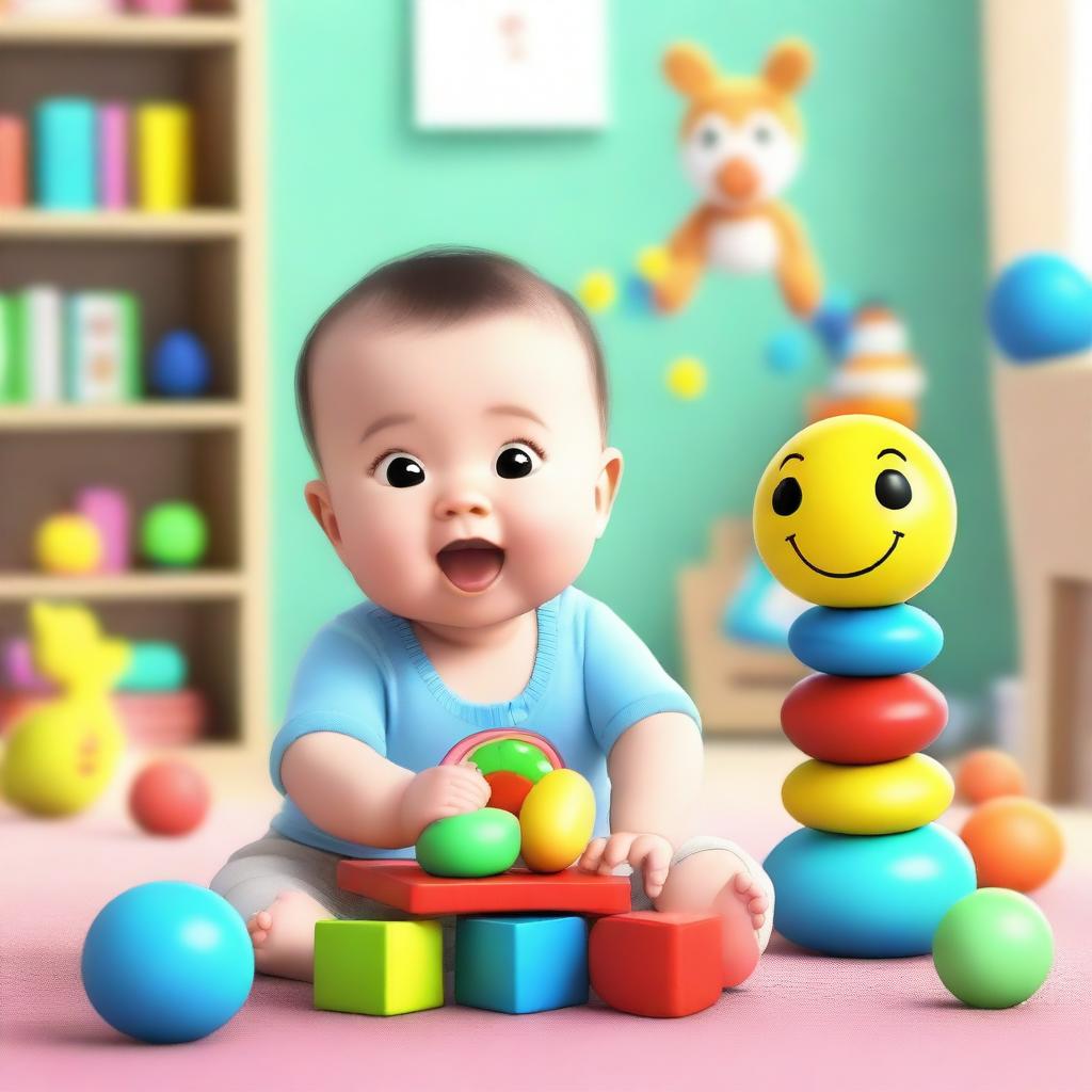 An animated scene featuring a baby interacting with educational toys and books designed to stimulate learning