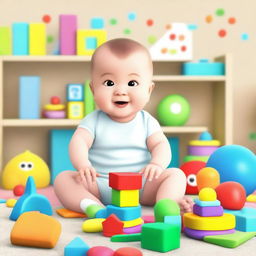 An animated scene featuring a baby interacting with educational toys and books designed to stimulate learning