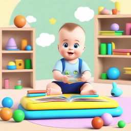 An animated scene featuring a baby interacting with educational toys and books designed to stimulate learning